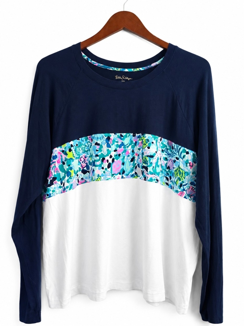 Lilly Pulitzer Chapman Long Sleeve Top XXL Navy White Floral Coastal Stretch EUC